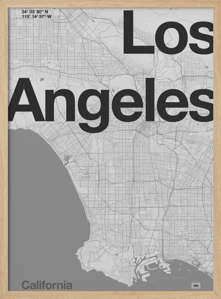 A minimalist black and white framed map of Los Angeles. The poster features a detailed street grid of the city and its coastline. The words 'Los Angeles' are overlaid in a large, bold, black sans-serif font. In the top-left corner are the coordinates, and in the bottom-left is the word 'California'. Decor