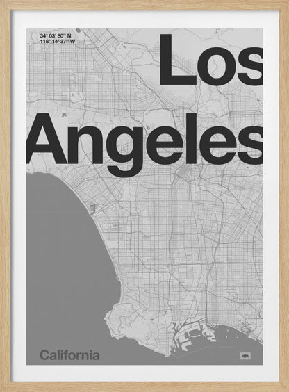 A minimalist black and white framed map of Los Angeles. The poster features a detailed street grid of the city and its coastline. The words 'Los Angeles' are overlaid in a large, bold, black sans-serif font. In the top-left corner are the coordinates, and in the bottom-left is the word 'California'. Decor