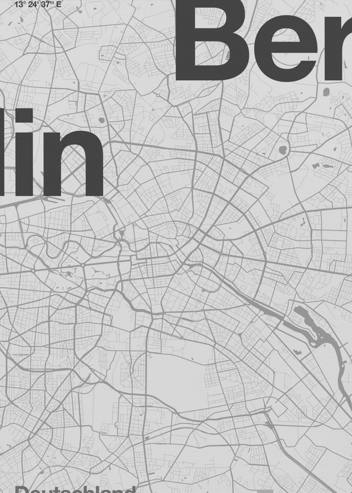 A minimalist, framed poster of a street map of Berlin, Germany. The map is rendered in shades of gray, with large, bold black text spelling 'Berlin' overlaid on the map. The city's coordinates and the word 'Deutschland' are also included in a clean, modern font. Wall Art