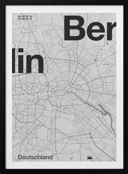 A minimalist, framed poster of a street map of Berlin, Germany. The map is rendered in shades of gray, with large, bold black text spelling 'Berlin' overlaid on the map. The city's coordinates and the word 'Deutschland' are also included in a clean, modern font. Wall Art