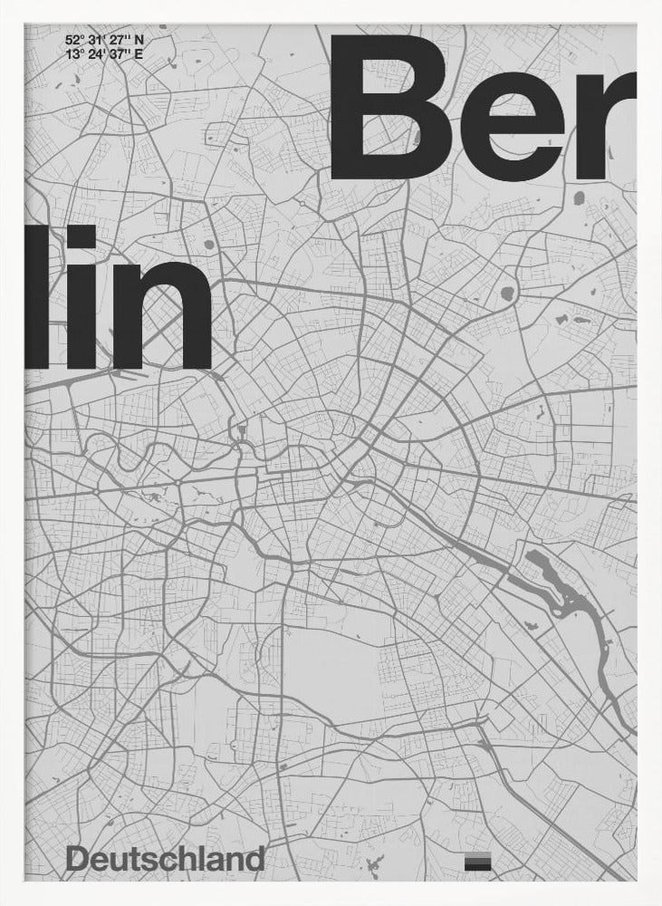 A minimalist, framed poster of a street map of Berlin, Germany. The map is rendered in shades of gray, with large, bold black text spelling 'Berlin' overlaid on the map. The city's coordinates and the word 'Deutschland' are also included in a clean, modern font. Wall Art