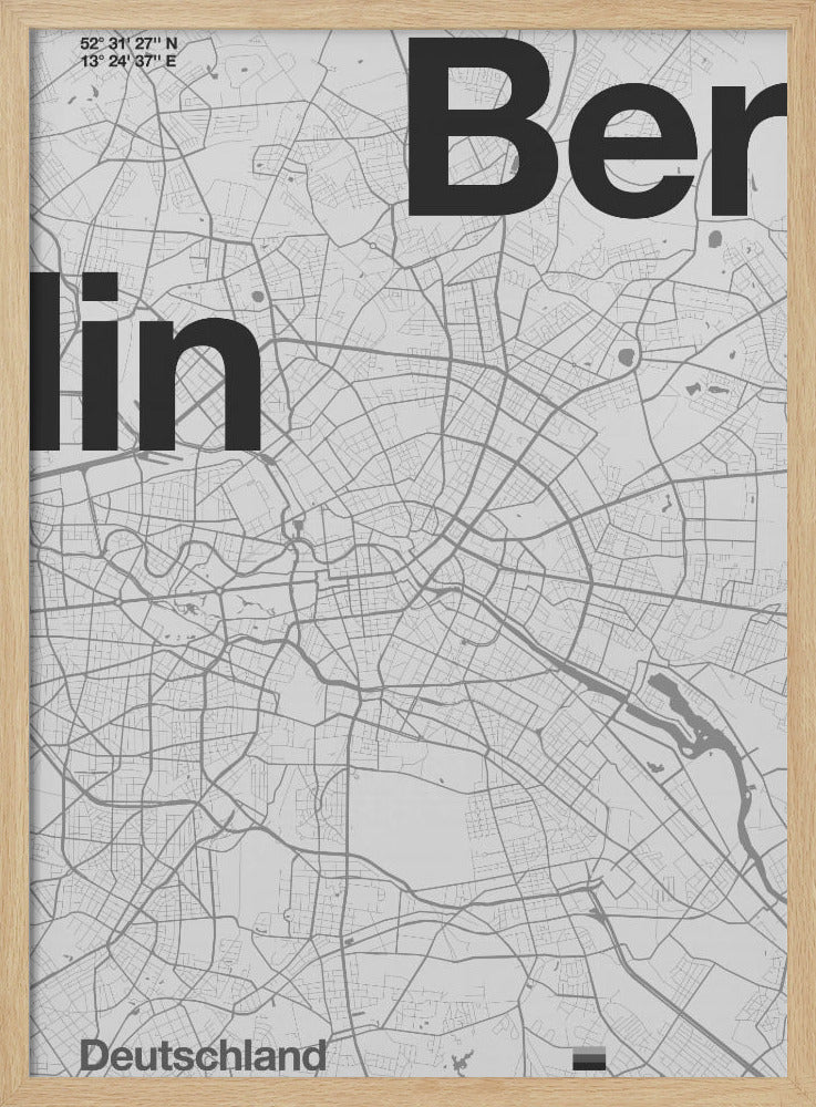 A minimalist, framed poster of a street map of Berlin, Germany. The map is rendered in shades of gray, with large, bold black text spelling 'Berlin' overlaid on the map. The city's coordinates and the word 'Deutschland' are also included in a clean, modern font. Wall Art