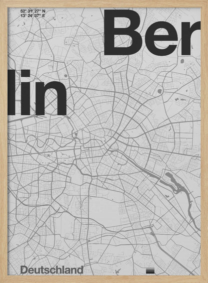 A minimalist, framed poster of a street map of Berlin, Germany. The map is rendered in shades of gray, with large, bold black text spelling 'Berlin' overlaid on the map. The city's coordinates and the word 'Deutschland' are also included in a clean, modern font. Wall Art