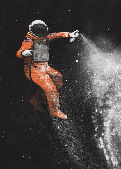 A surreal artwork of an astronaut in a vibrant orange spacesuit floating in black space, creating a galaxy with a white spray paint can. Print