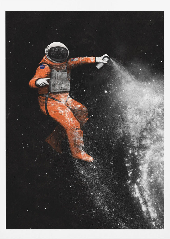 A surreal artwork of an astronaut in a vibrant orange spacesuit floating in black space, creating a galaxy with a white spray paint can. Print