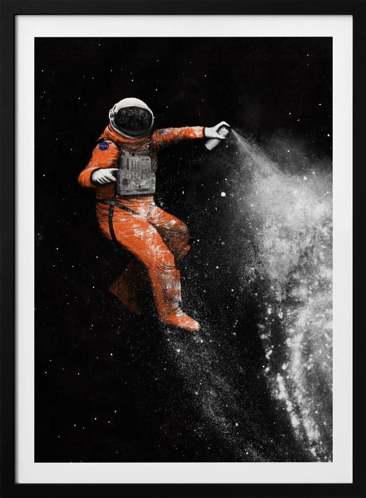 A surreal artwork of an astronaut in a vibrant orange spacesuit floating in black space, creating a galaxy with a white spray paint can. Print