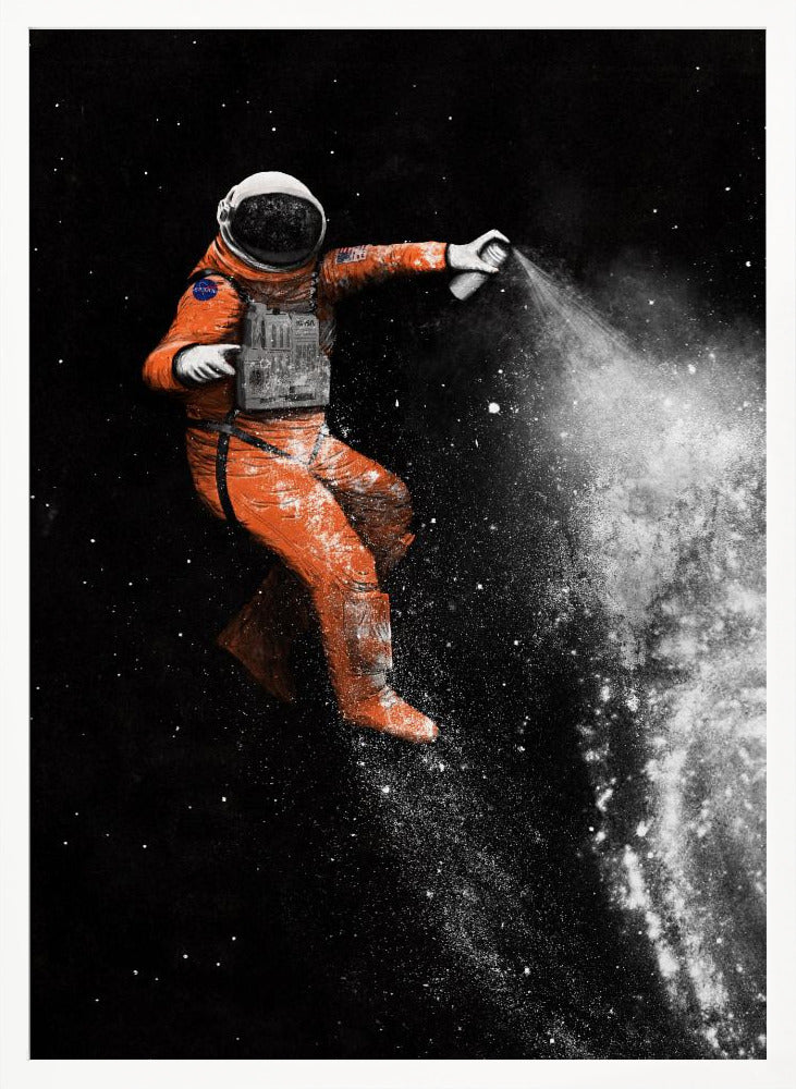 A surreal artwork of an astronaut in a vibrant orange spacesuit floating in black space, creating a galaxy with a white spray paint can. Print