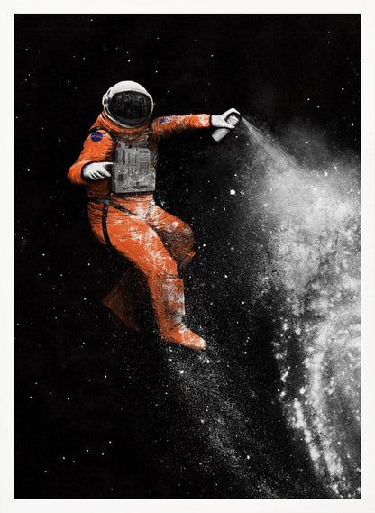A surreal artwork of an astronaut in a vibrant orange spacesuit floating in black space, creating a galaxy with a white spray paint can. Print
