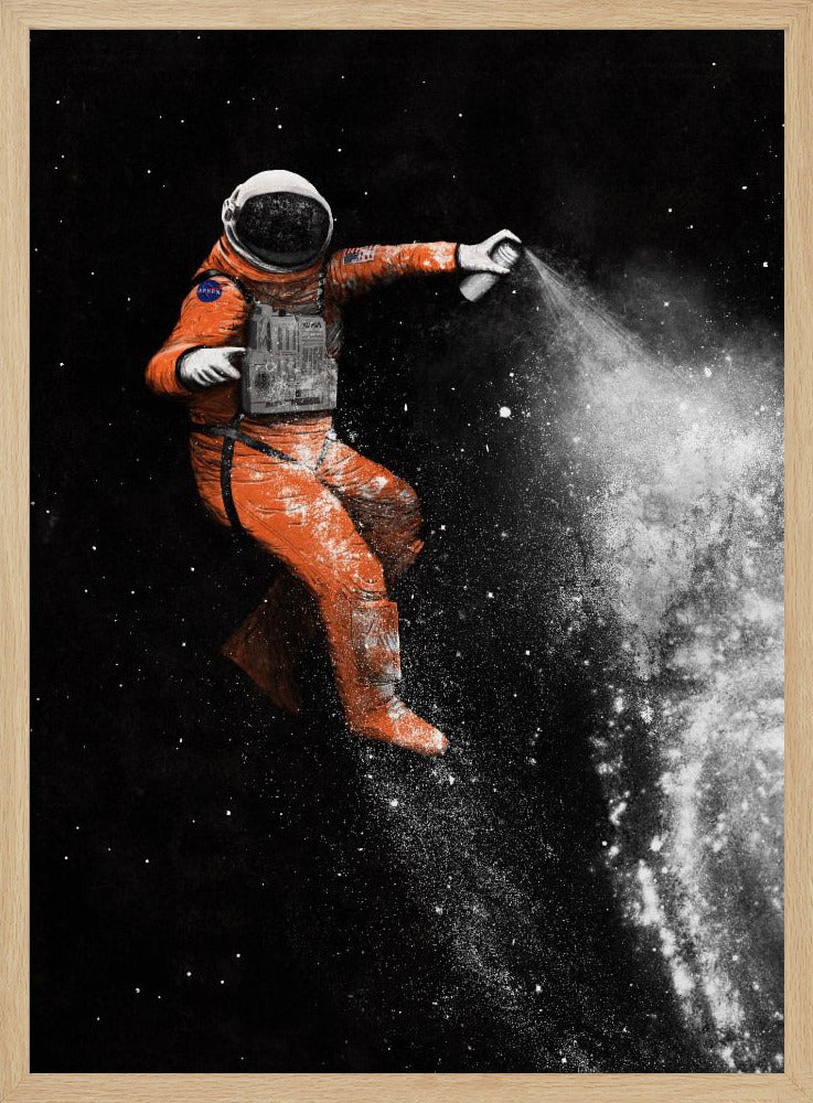 A surreal artwork of an astronaut in a vibrant orange spacesuit floating in black space, creating a galaxy with a white spray paint can. Print