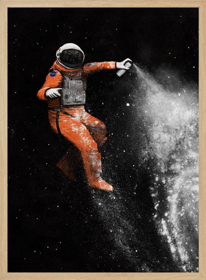 A surreal artwork of an astronaut in a vibrant orange spacesuit floating in black space, creating a galaxy with a white spray paint can. Print