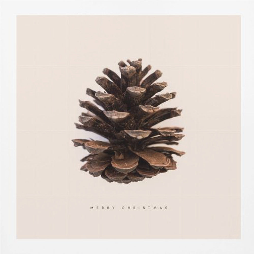 A minimalist art print featuring a single brown pinecone centered on an off-white background. The words 'MERRY CHRISTMAS' are printed in a simple, spaced-out font below the pinecone. The entire image is enclosed in a light wood frame. Artwork