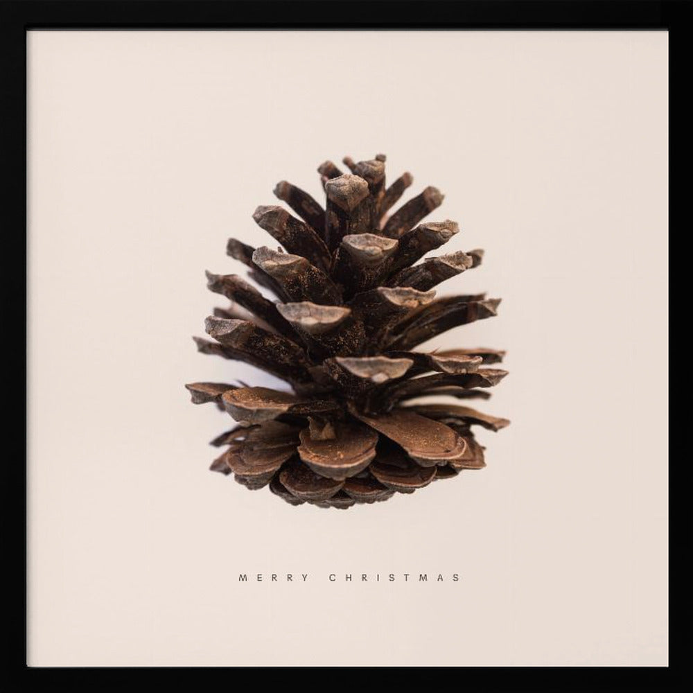 A minimalist art print featuring a single brown pinecone centered on an off-white background. The words 'MERRY CHRISTMAS' are printed in a simple, spaced-out font below the pinecone. The entire image is enclosed in a light wood frame. Artwork