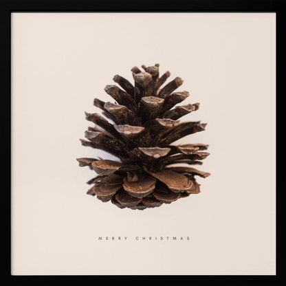 A minimalist art print featuring a single brown pinecone centered on an off-white background. The words 'MERRY CHRISTMAS' are printed in a simple, spaced-out font below the pinecone. The entire image is enclosed in a light wood frame. Artwork
