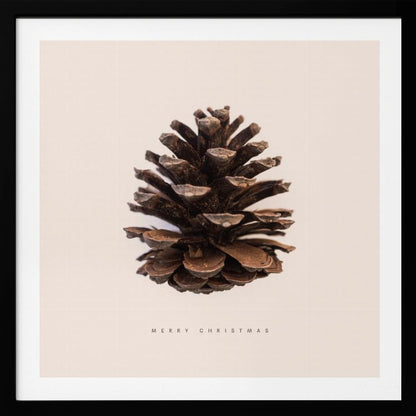 A minimalist art print featuring a single brown pinecone centered on an off-white background. The words 'MERRY CHRISTMAS' are printed in a simple, spaced-out font below the pinecone. The entire image is enclosed in a light wood frame. Artwork