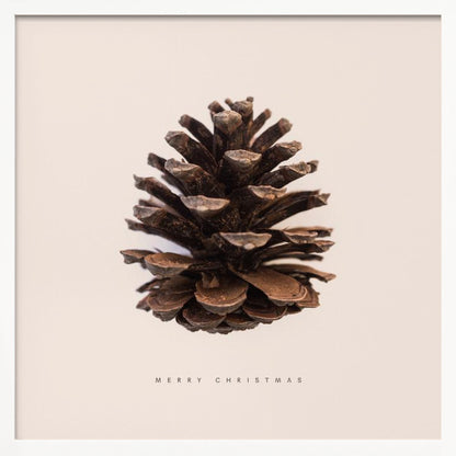 A minimalist art print featuring a single brown pinecone centered on an off-white background. The words 'MERRY CHRISTMAS' are printed in a simple, spaced-out font below the pinecone. The entire image is enclosed in a light wood frame. Artwork