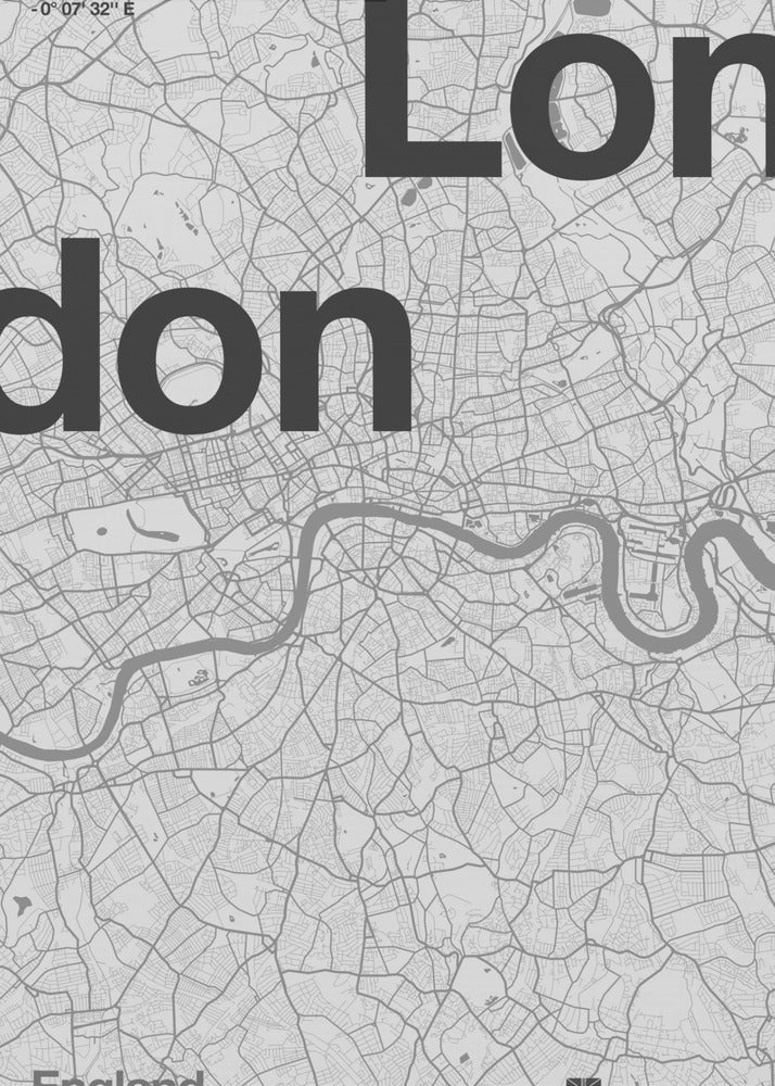 A framed, minimalist black and white street map of London. The word 'London' is split into two lines, 'Lon' and 'don', in large, bold black font overlaid on the light grey map. The River Thames snakes through the center in a darker grey, matching the intricate street grid. Coordinates are in the top left corner, and 'England' is in the bottom left. Decor