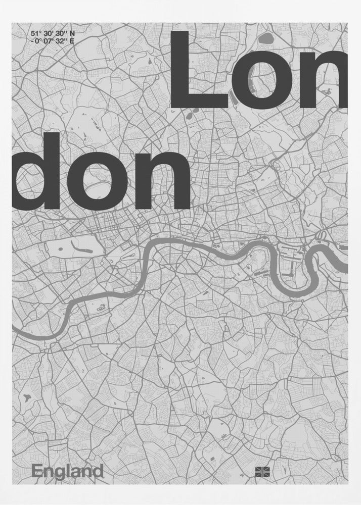 A framed, minimalist black and white street map of London. The word 'London' is split into two lines, 'Lon' and 'don', in large, bold black font overlaid on the light grey map. The River Thames snakes through the center in a darker grey, matching the intricate street grid. Coordinates are in the top left corner, and 'England' is in the bottom left. Decor