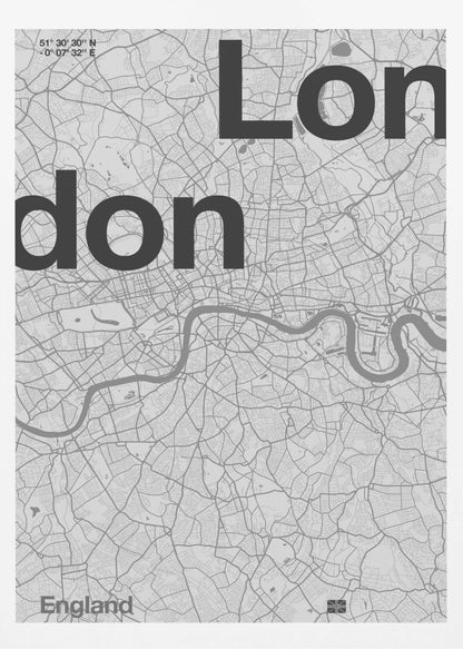 A framed, minimalist black and white street map of London. The word 'London' is split into two lines, 'Lon' and 'don', in large, bold black font overlaid on the light grey map. The River Thames snakes through the center in a darker grey, matching the intricate street grid. Coordinates are in the top left corner, and 'England' is in the bottom left. Decor