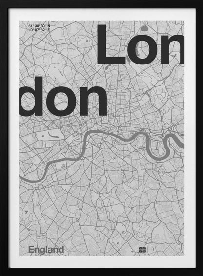 A framed, minimalist black and white street map of London. The word 'London' is split into two lines, 'Lon' and 'don', in large, bold black font overlaid on the light grey map. The River Thames snakes through the center in a darker grey, matching the intricate street grid. Coordinates are in the top left corner, and 'England' is in the bottom left. Decor