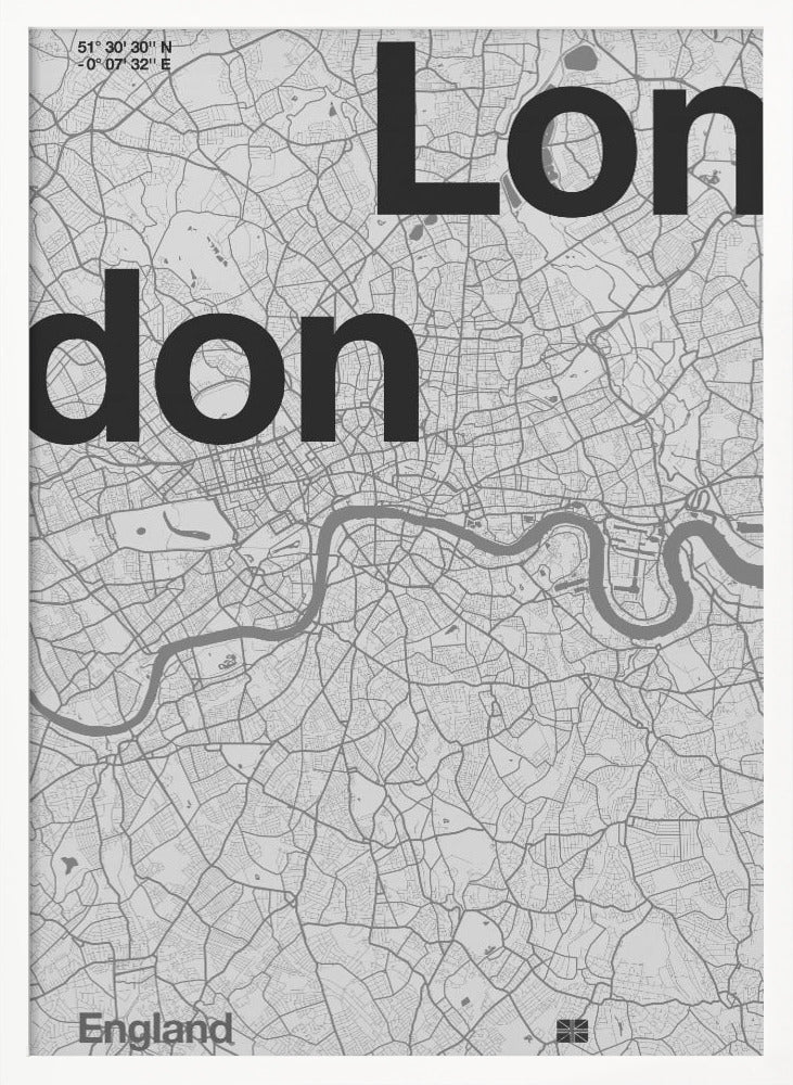 A framed, minimalist black and white street map of London. The word 'London' is split into two lines, 'Lon' and 'don', in large, bold black font overlaid on the light grey map. The River Thames snakes through the center in a darker grey, matching the intricate street grid. Coordinates are in the top left corner, and 'England' is in the bottom left. Decor