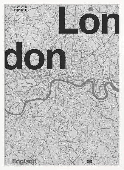 A framed, minimalist black and white street map of London. The word 'London' is split into two lines, 'Lon' and 'don', in large, bold black font overlaid on the light grey map. The River Thames snakes through the center in a darker grey, matching the intricate street grid. Coordinates are in the top left corner, and 'England' is in the bottom left. Decor