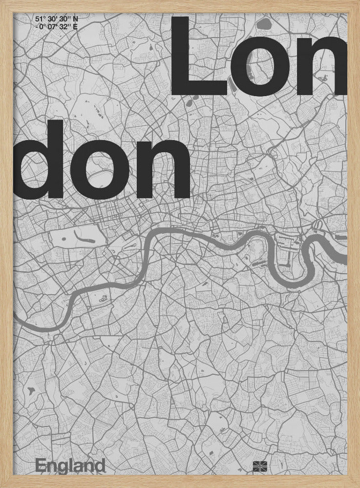 A framed, minimalist black and white street map of London. The word 'London' is split into two lines, 'Lon' and 'don', in large, bold black font overlaid on the light grey map. The River Thames snakes through the center in a darker grey, matching the intricate street grid. Coordinates are in the top left corner, and 'England' is in the bottom left. Decor