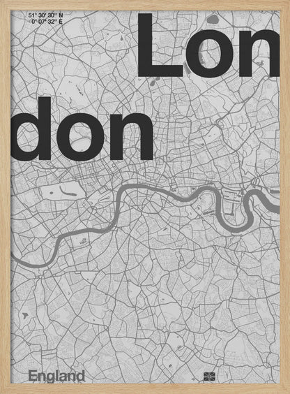 A framed, minimalist black and white street map of London. The word 'London' is split into two lines, 'Lon' and 'don', in large, bold black font overlaid on the light grey map. The River Thames snakes through the center in a darker grey, matching the intricate street grid. Coordinates are in the top left corner, and 'England' is in the bottom left. Decor