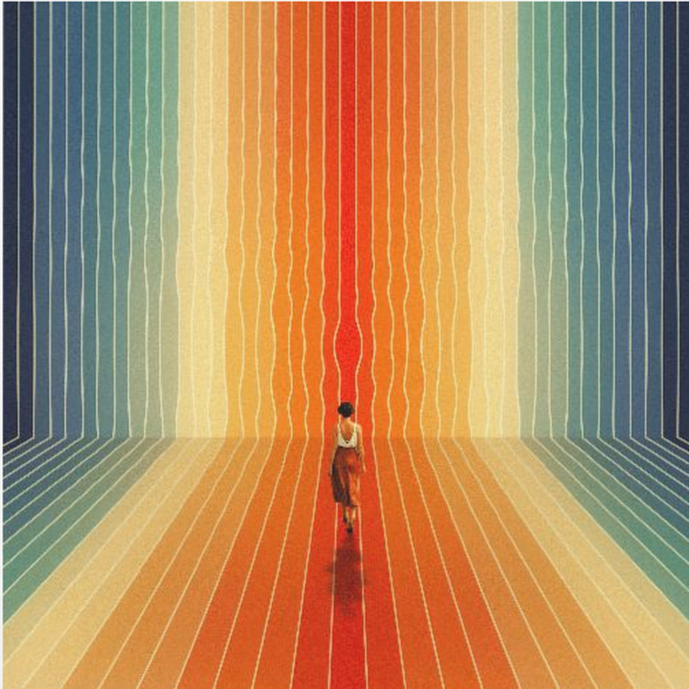 A surrealist artwork in a light wood frame depicting a woman seen from behind walking into a room with infinite perspective. The walls and floor are made of continuous, wavy vertical stripes in a rainbow gradient, starting with cool blues and transitioning to warm oranges and a central red path. Poster