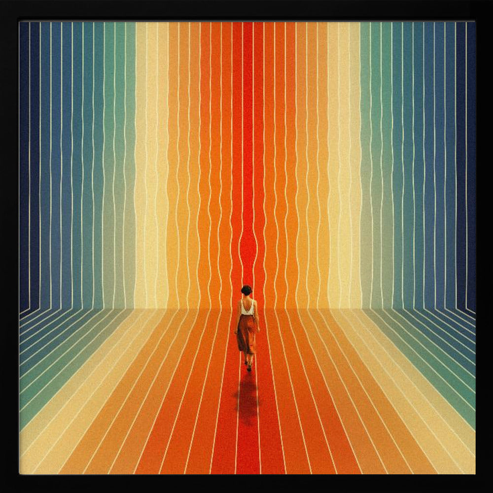 A surrealist artwork in a light wood frame depicting a woman seen from behind walking into a room with infinite perspective. The walls and floor are made of continuous, wavy vertical stripes in a rainbow gradient, starting with cool blues and transitioning to warm oranges and a central red path. Poster