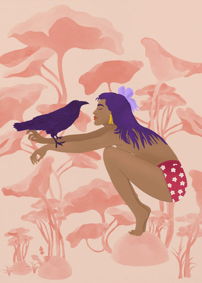 A stylized illustration of a woman with long purple hair and brown skin, crouching in a fantastical pink landscape. She is looking at a dark purple crow perched on her arm. Wall Art