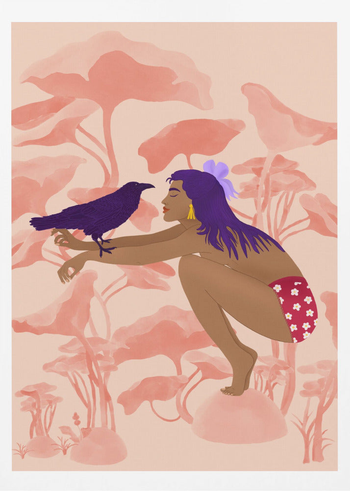 A stylized illustration of a woman with long purple hair and brown skin, crouching in a fantastical pink landscape. She is looking at a dark purple crow perched on her arm. Wall Art