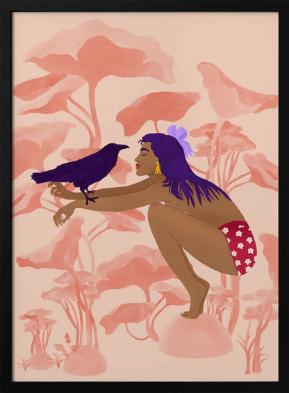 A stylized illustration of a woman with long purple hair and brown skin, crouching in a fantastical pink landscape. She is looking at a dark purple crow perched on her arm. Wall Art