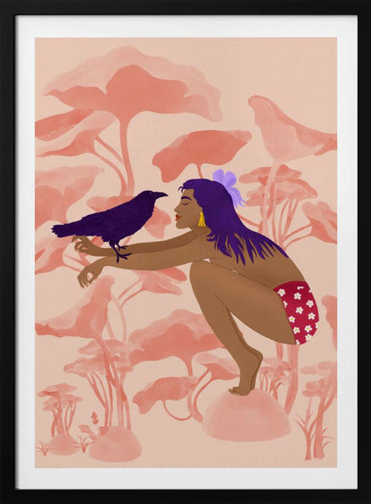 A stylized illustration of a woman with long purple hair and brown skin, crouching in a fantastical pink landscape. She is looking at a dark purple crow perched on her arm. Wall Art