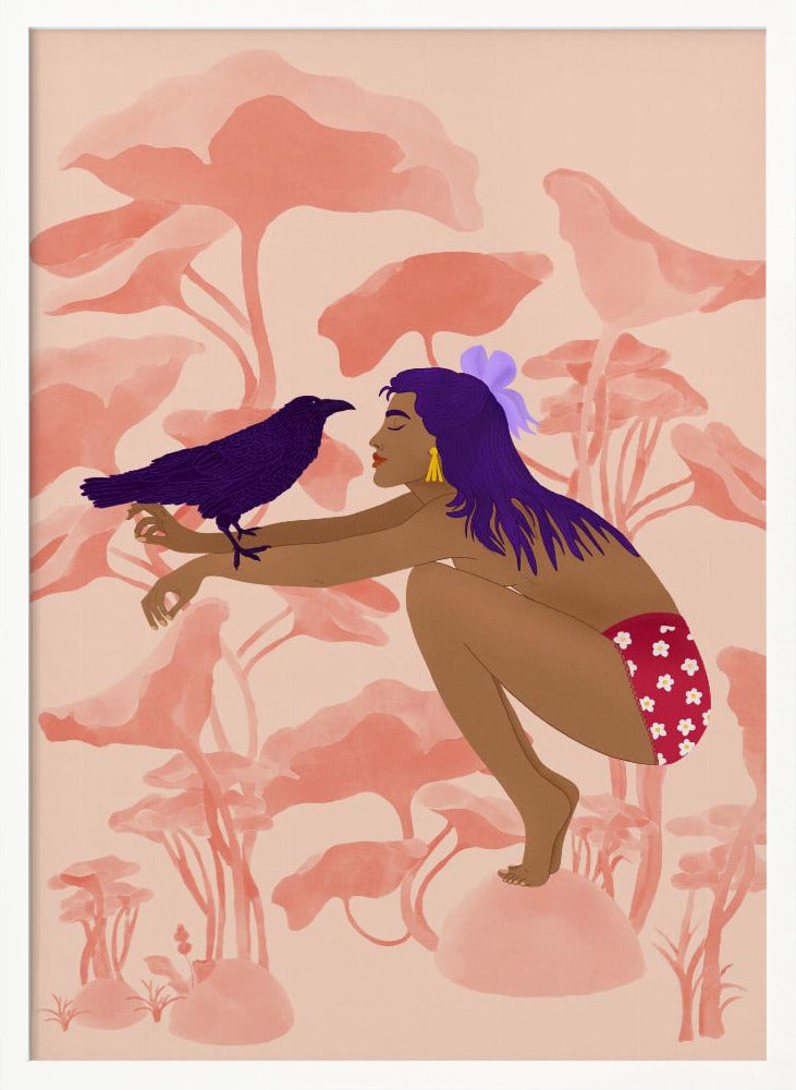 A stylized illustration of a woman with long purple hair and brown skin, crouching in a fantastical pink landscape. She is looking at a dark purple crow perched on her arm. Wall Art