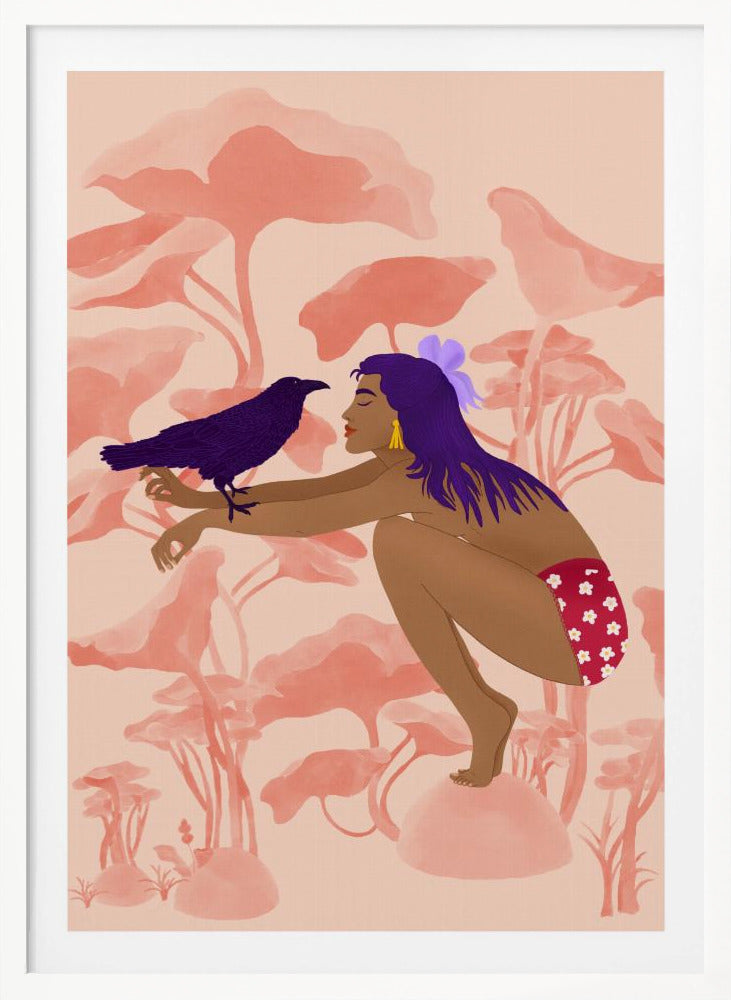 A stylized illustration of a woman with long purple hair and brown skin, crouching in a fantastical pink landscape. She is looking at a dark purple crow perched on her arm. Wall Art