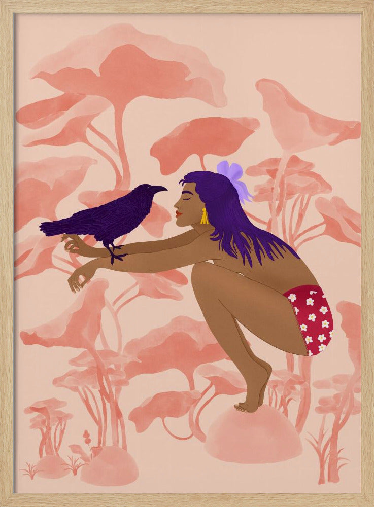 A stylized illustration of a woman with long purple hair and brown skin, crouching in a fantastical pink landscape. She is looking at a dark purple crow perched on her arm. Wall Art