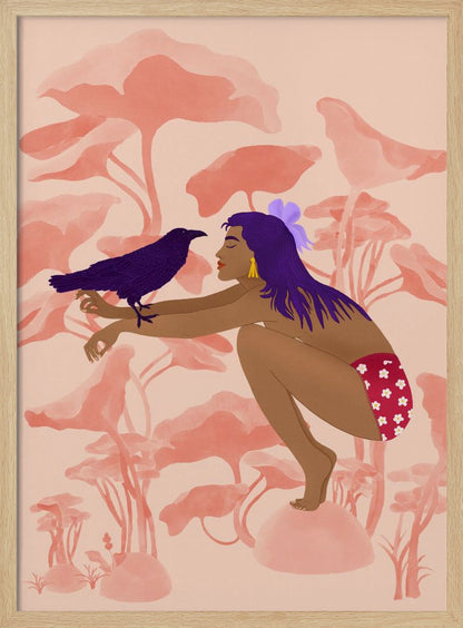 A stylized illustration of a woman with long purple hair and brown skin, crouching in a fantastical pink landscape. She is looking at a dark purple crow perched on her arm. Wall Art
