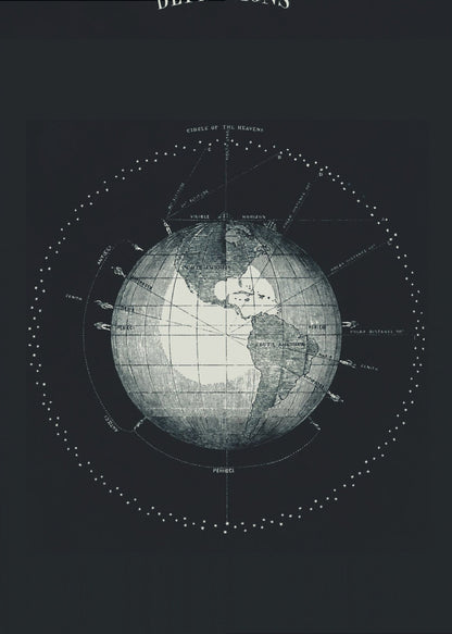 A framed vintage astronomical poster titled 'DEFINITIONS', featuring a detailed white engraving of the Earth on a black background, surrounded by diagrams illustrating celestial concepts like the 'Circle of the Heavens' and 'Zenith'. Wall Art