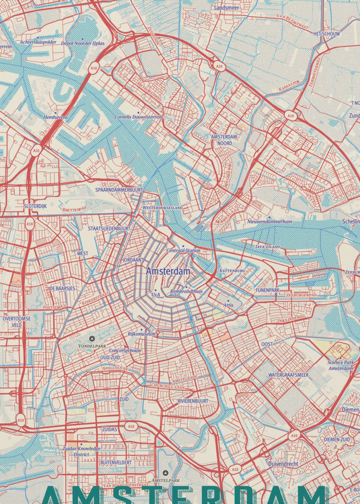 A stylized, retro-style map of Amsterdam, Netherlands, displayed within a black frame. The map features a network of red roads, light blue canals and waterways, on a cream-colored background, with the word 'AMSTERDAM' in large, dark teal letters at the bottom. Wall Art