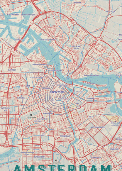 A stylized, retro-style map of Amsterdam, Netherlands, displayed within a black frame. The map features a network of red roads, light blue canals and waterways, on a cream-colored background, with the word 'AMSTERDAM' in large, dark teal letters at the bottom. Wall Art