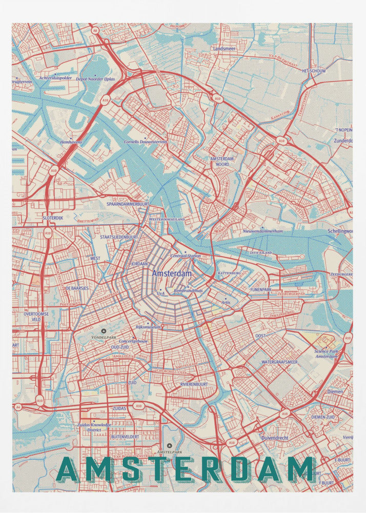 A stylized, retro-style map of Amsterdam, Netherlands, displayed within a black frame. The map features a network of red roads, light blue canals and waterways, on a cream-colored background, with the word 'AMSTERDAM' in large, dark teal letters at the bottom. Wall Art
