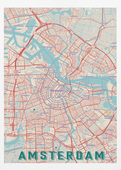 A stylized, retro-style map of Amsterdam, Netherlands, displayed within a black frame. The map features a network of red roads, light blue canals and waterways, on a cream-colored background, with the word 'AMSTERDAM' in large, dark teal letters at the bottom. Wall Art