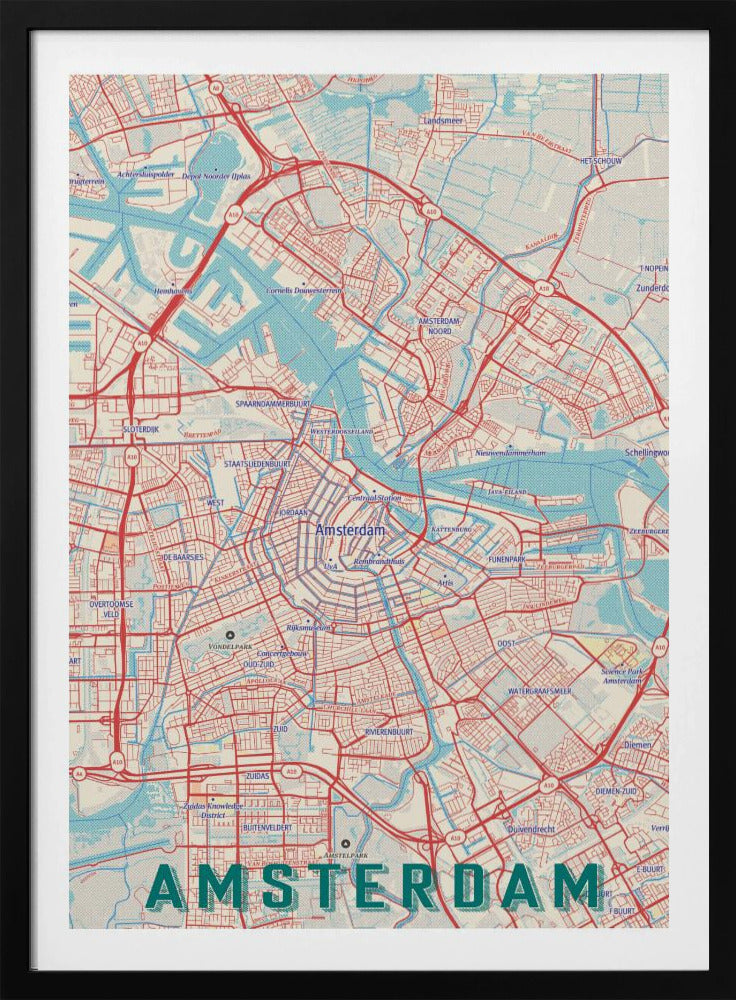 A stylized, retro-style map of Amsterdam, Netherlands, displayed within a black frame. The map features a network of red roads, light blue canals and waterways, on a cream-colored background, with the word 'AMSTERDAM' in large, dark teal letters at the bottom. Wall Art