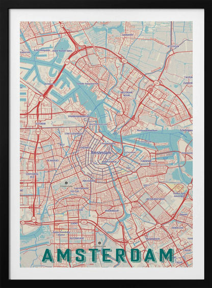A stylized, retro-style map of Amsterdam, Netherlands, displayed within a black frame. The map features a network of red roads, light blue canals and waterways, on a cream-colored background, with the word 'AMSTERDAM' in large, dark teal letters at the bottom. Wall Art