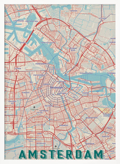 A stylized, retro-style map of Amsterdam, Netherlands, displayed within a black frame. The map features a network of red roads, light blue canals and waterways, on a cream-colored background, with the word 'AMSTERDAM' in large, dark teal letters at the bottom. Wall Art