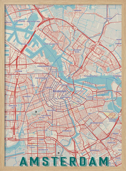 A stylized, retro-style map of Amsterdam, Netherlands, displayed within a black frame. The map features a network of red roads, light blue canals and waterways, on a cream-colored background, with the word 'AMSTERDAM' in large, dark teal letters at the bottom. Wall Art