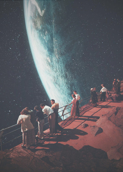 A surreal vintage-style collage showing a group of people dressed in mid-century clothing standing on a reddish-brown rocky platform with a railing, gazing in awe at a massive, glowing planet against a dark, star-filled sky. Poster