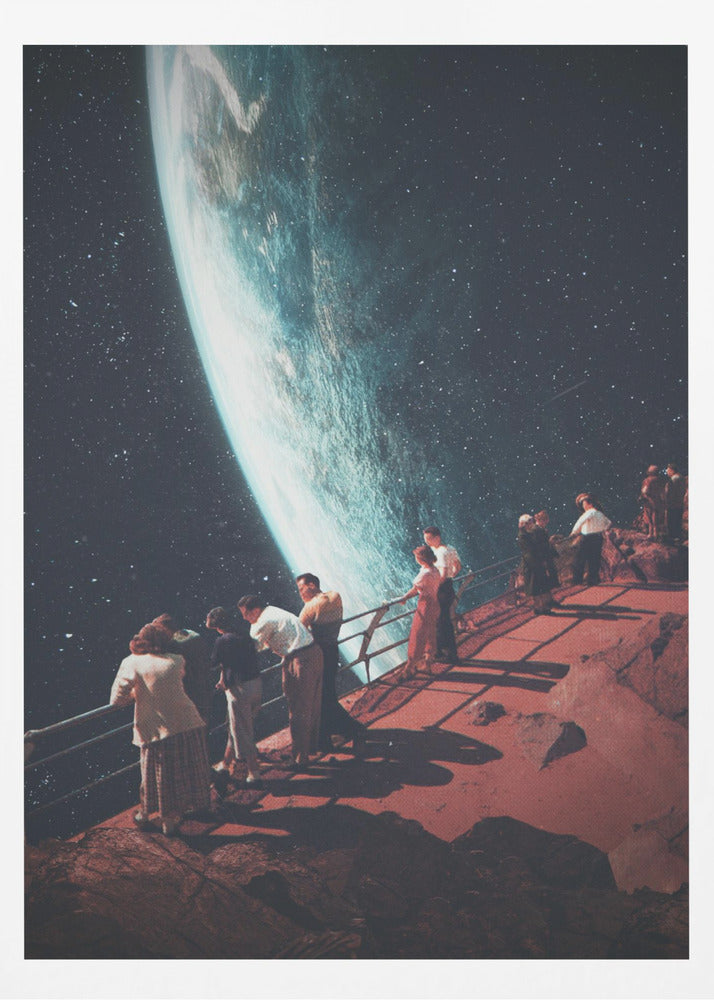 A surreal vintage-style collage showing a group of people dressed in mid-century clothing standing on a reddish-brown rocky platform with a railing, gazing in awe at a massive, glowing planet against a dark, star-filled sky. Poster