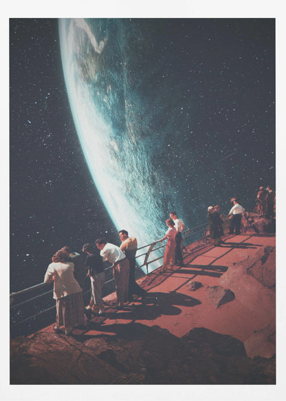 A surreal vintage-style collage showing a group of people dressed in mid-century clothing standing on a reddish-brown rocky platform with a railing, gazing in awe at a massive, glowing planet against a dark, star-filled sky. Poster