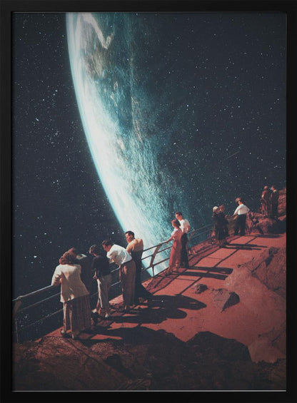 A surreal vintage-style collage showing a group of people dressed in mid-century clothing standing on a reddish-brown rocky platform with a railing, gazing in awe at a massive, glowing planet against a dark, star-filled sky. Poster